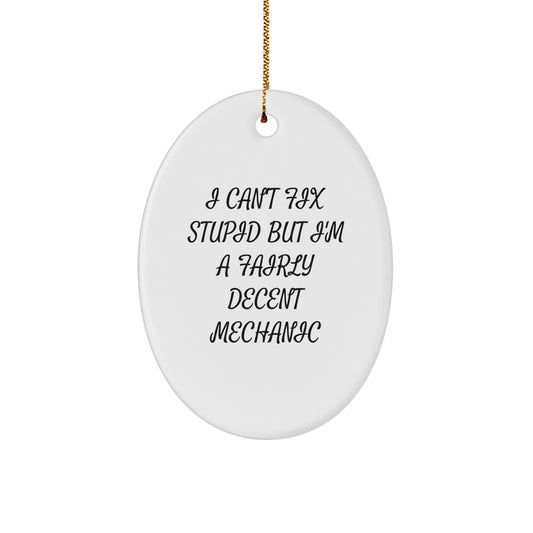 Mechanic Gifts from Friends - Funny Oval Ornament for Mechanic - I Can't Fix Stupid But I'm A Fairly Decent Mechanic - Image 1