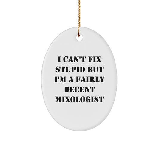 Funny Mixologist Gifts from Men to Friends | Oval Ornament Christmas Decor, I Can't Fix Stupid But I'm A Fairly Decent Mixologist Quote - Image 1