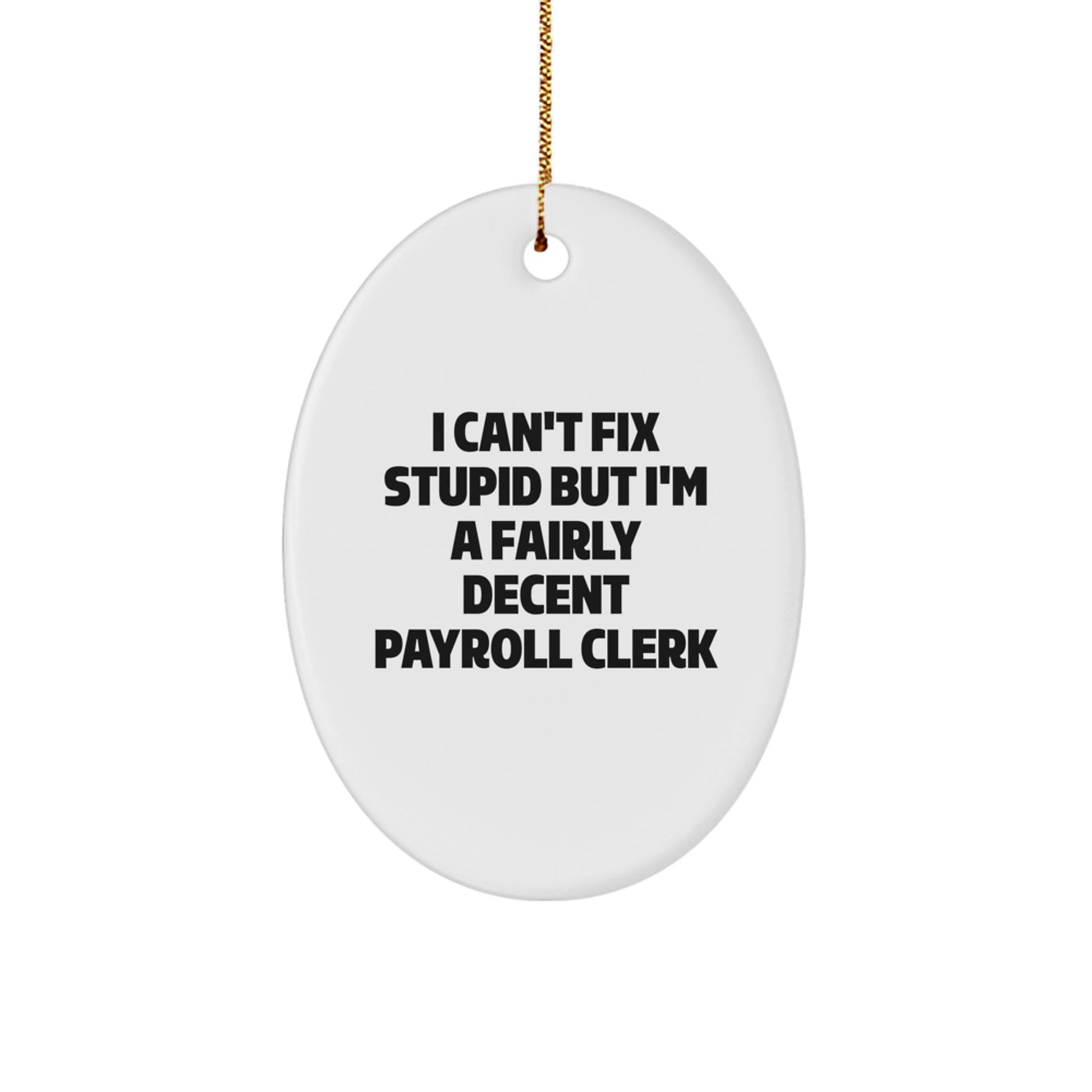 Payroll Clerk Gifts from Friends - Oval Ornament with Humorous Quote 'I Can't Fix Stupid But I'm A Fairly Decent Payroll Clerk' - Christmas Unique Gifts for Payroll Clerks - Image 1