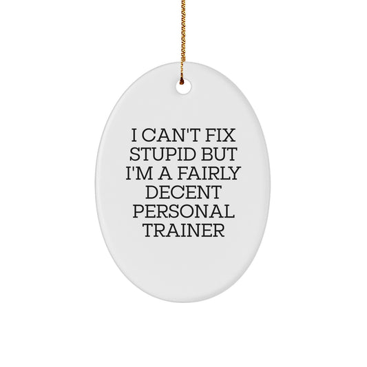 Funny Personal Trainer Gifts from Friends for Christmas, Oval Ornament, 'I Can't Fix Stupid But I'm A Fairly Decent Personal Trainer' - Image 1