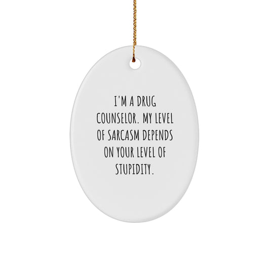 Drug Counselor Gifts: Funny Sarcasm Oval Ornament, Inspirational Quote for Christmas, Gifts from Friends, Gifts for Drug Counselor, White Oval Ornament with Gold Cord - Image 1