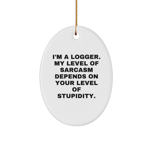 Logger Gifts from Friends to Men - Funny Oval Ornament for Christmas, I'm A Logger My Level Of Sarcasm Depends On Your Level Of Stupidity. - Image 1