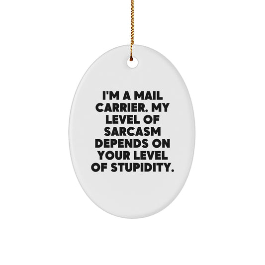 Funny Mail Carrier Gifts from Friends and Family, 'I'm A Mail Carrier. My Level Of Sarcasm Depends On Your Level Of Stupidity.' Oval Ornament for Christmas - Image 1