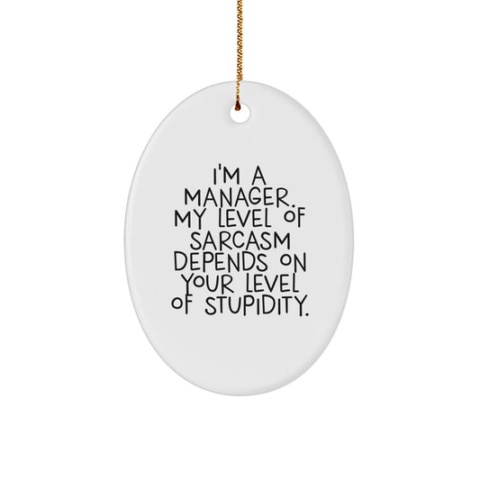 Funny Manager Gifts for Christmas - 'I'm A Manager. My Level Of Sarcasm Depends On Your Level Of Stupidity.' Oval Ornament from Friends - Image 1