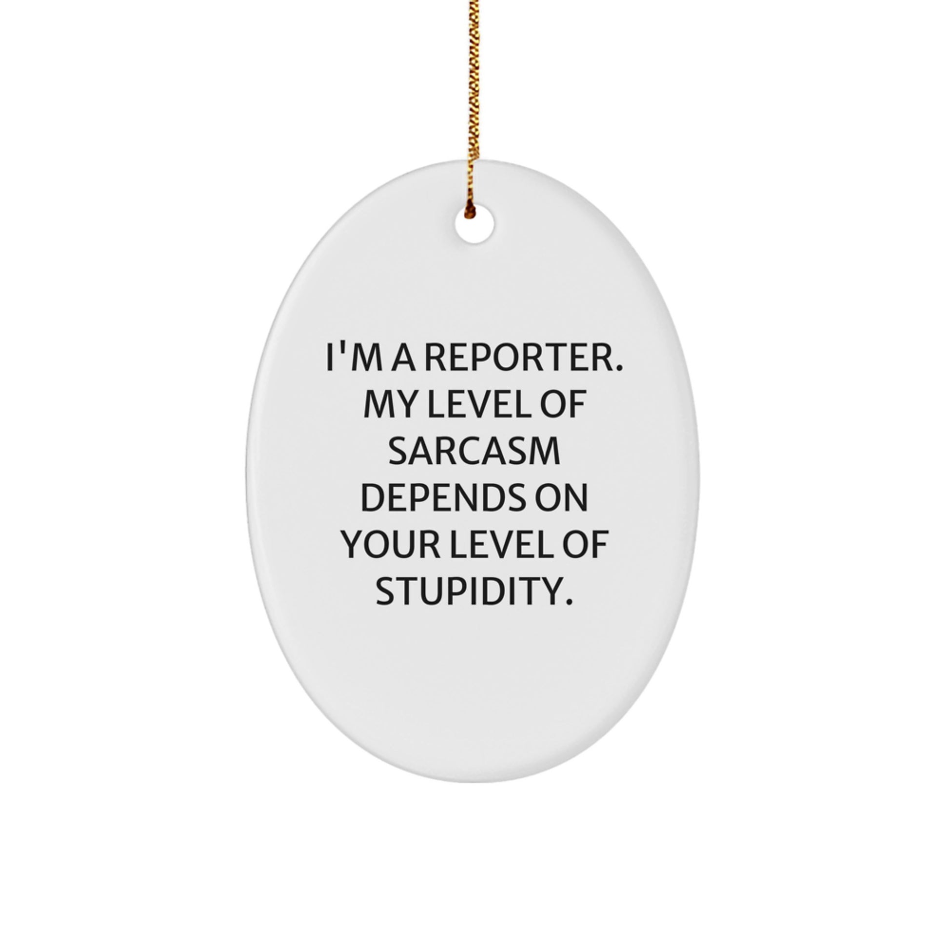 Funny Reporter Gifts for Christmas - 'I'm A Reporter. My Level Of Sarcasm Depends On Your Level Of Stupidity.' Oval Ornament, Gifts from Men to Reporter Friends - Image 1