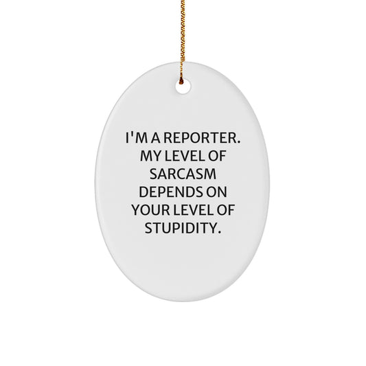 Funny Reporter Gifts for Christmas - 'I'm A Reporter. My Level Of Sarcasm Depends On Your Level Of Stupidity.' Oval Ornament, Gifts from Men to Reporter Friends - Image 1
