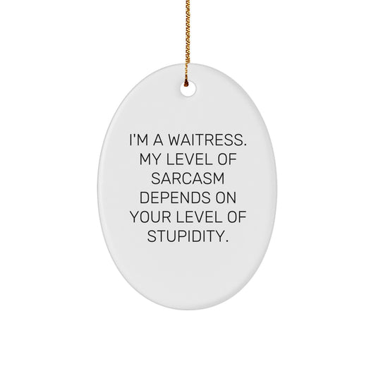 Funny Waitress Gifts from Friends, Unique Oval Ornament for Waitress, I'm A Waitress. My Level Of Sarcasm Depends On Your Level Of Stupidity., Christmas Unique Gifts for Waitress - Image 1
