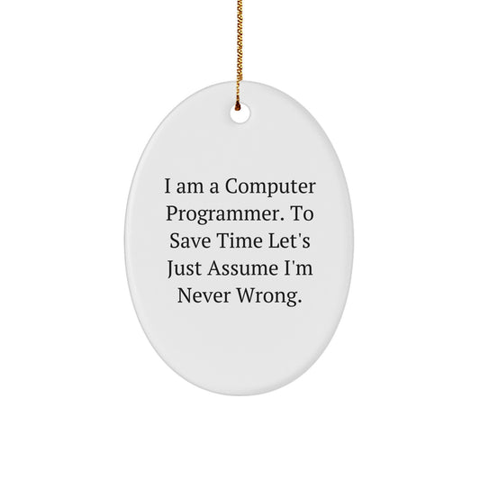 Funny Computer Programmer Gifts from Friends - Oval Ornament with 'I Am A Computer Programmer. To Save Time Let's Just Assume I'm Never Wrong.' Quote, Perfect for Christmas - Image 1