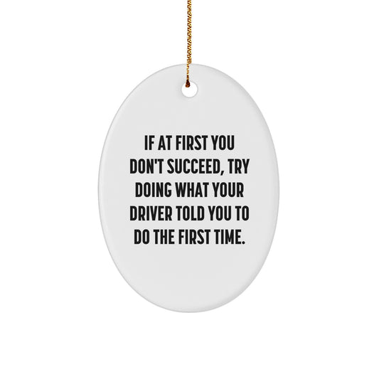 Funny Driver Gift, Oval Ornament, 'If At First You Don't Succeed, Try Doing What Your Driver Told You To Do The First Time.' from Friends, for Christmas - Image 1