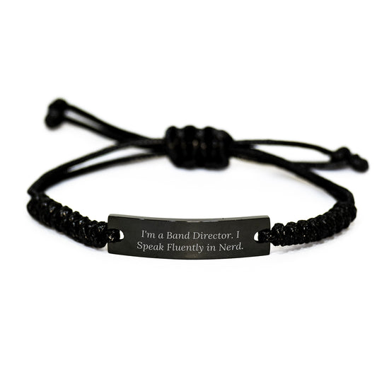 Funny Band Director Gifts from Men to Graduating Band Directors, 'I'm A Band Director. I Speak Fluently In genius.' Rope Bracelet, Adjustable Black Stainless Steel with Interlaced Rope - Image 1