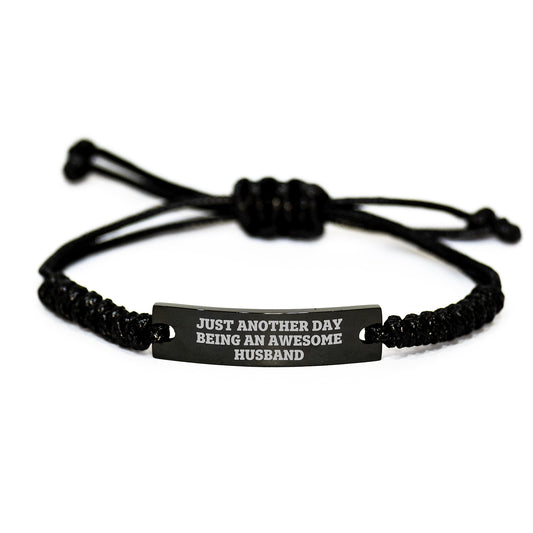 Funny Husband Rope Bracelet Gifts from Men to Awesome Husband's Birthday Unique Presents, 'Just Another Day Being An Awesome Husband', Adjustable Black Stainless Steel with Interlaced Rope - Image 1