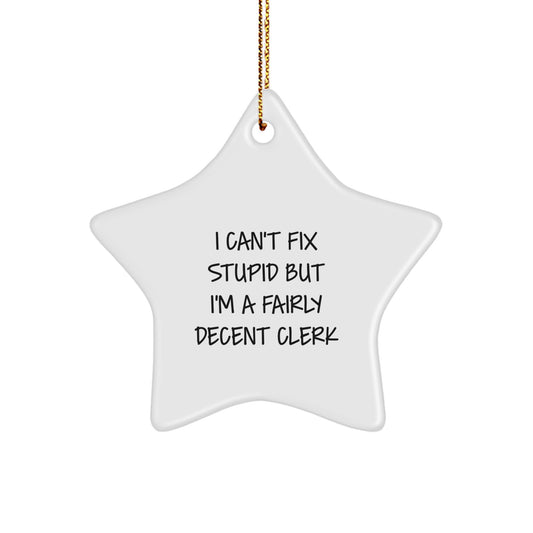Clerk Gifts, Funny Star Ornament with I Can't Fix Stupid But I'm A Fairly Decent Clerk Quote, Christmas Unique Gifts from Friends, Coworkers, or Family for Clerk - Image 1