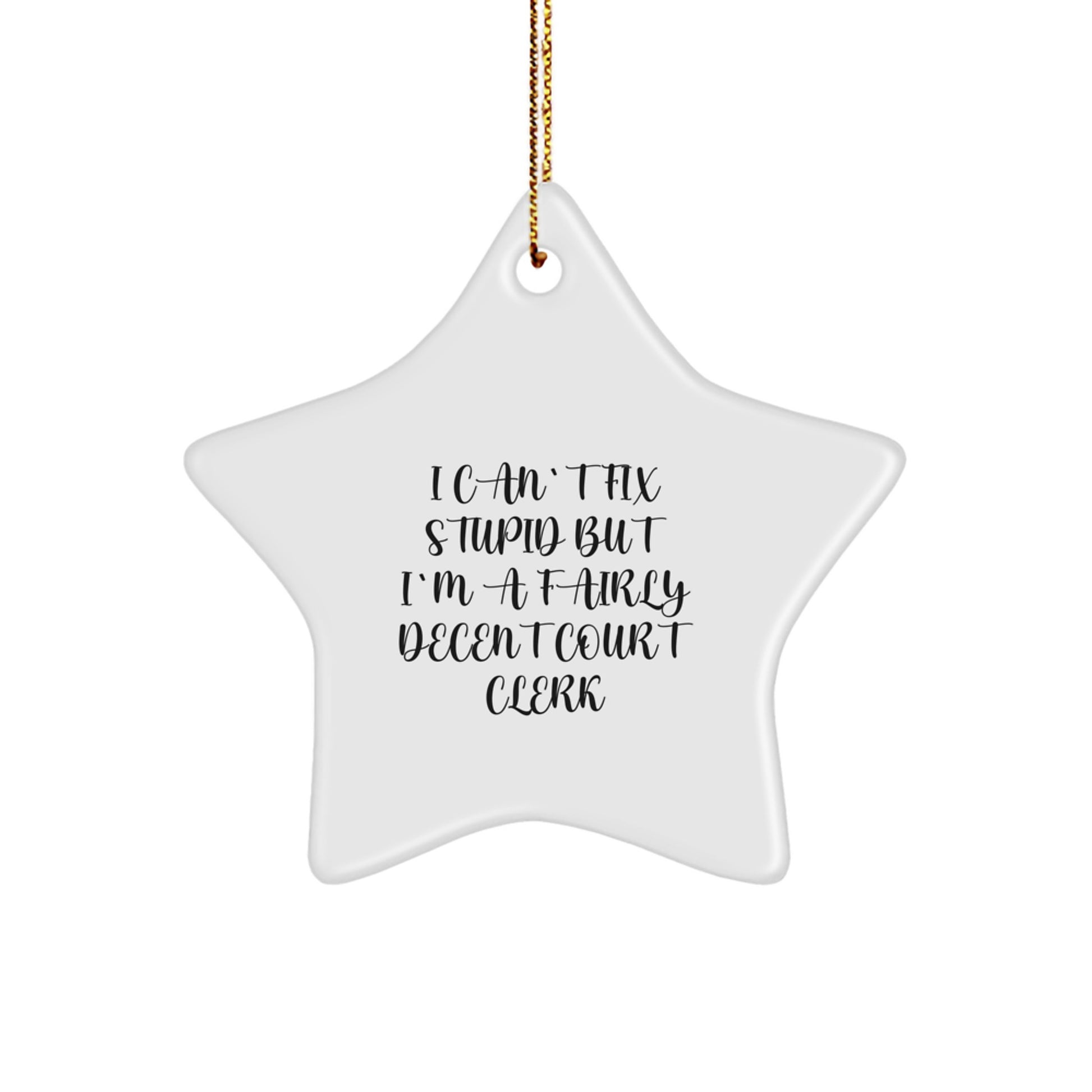 Funny Court Clerk Christmas Unique Gifts from Coworkers - 'I Can't Fix Stupid But I'm A Fairly Decent Court Clerk' Star Ornament for Court Clerks - Image 1
