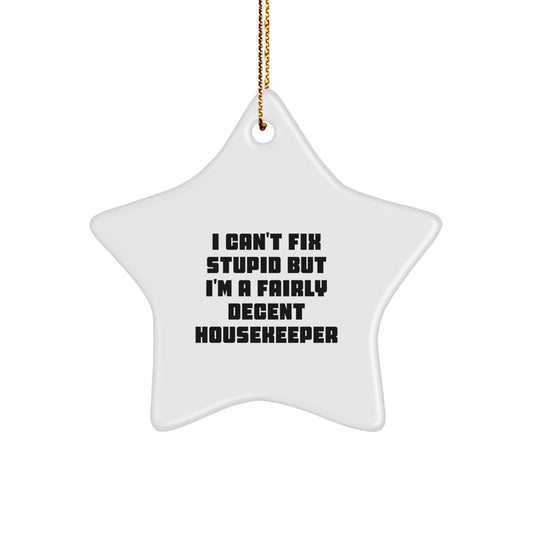 Funny Housekeeper Gifts from Men - I Can't Fix Stupid But I'm A Fairly Decent Housekeeper Star Ornament for Christmas - Image 1