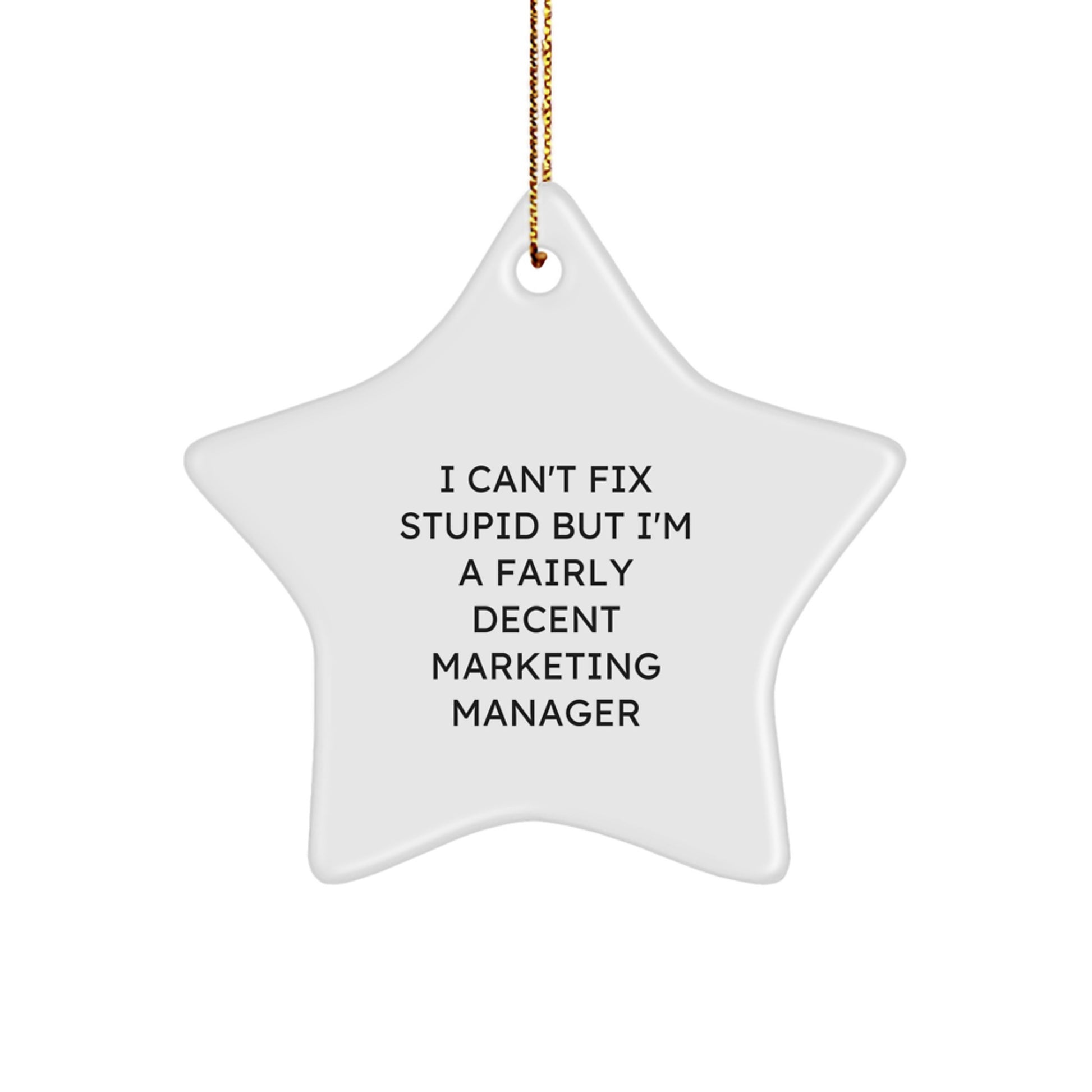Funny Marketing Manager Gifts, 'I Can't Fix Stupid But I'm A Fairly Decent Christmas Star Ornament for Marketing Manager Friends from Family - Image 1