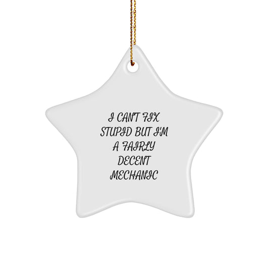 Mechanic Gifts from Friends: Funny Star Ornament, 'I Can't Fix Stupid But I'm A Fairly Decent Mechanic' Quote, Christmas Unique Gifts - Image 1