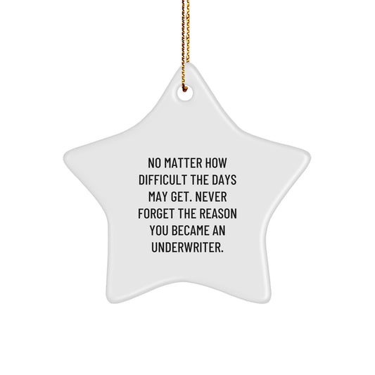 Gifts from Friends, Family or Coworkers for Underwriter - Star Ornament with Inspirational Quote, Christmas Decorations, Underwriter Gifts, No Matter How Difficult The Days May Get. - Image 1
