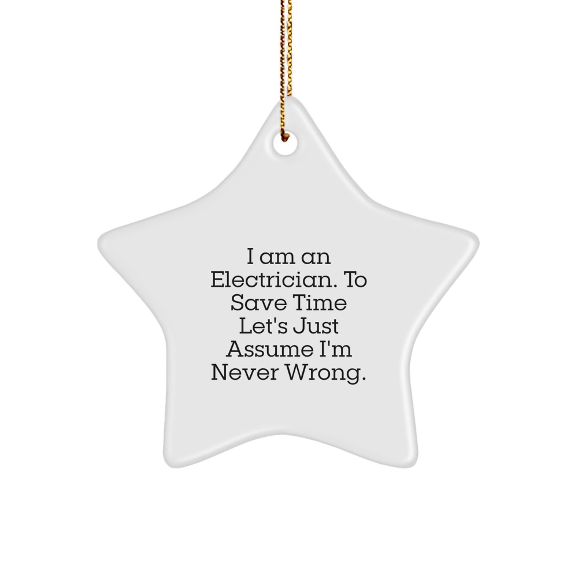 Funny Electrician Gifts - 'I Am An Electrician. To Save Time Let's Just Assume I'm Never Wrong.' Star Ornament for Christmas from Friends to Electrician - Image 1